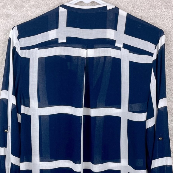 CYNTHIA ROWLEY Nautical Sheer Blouse Popover Navy Blue Window Pane Print Medium - Picture 13 of 16